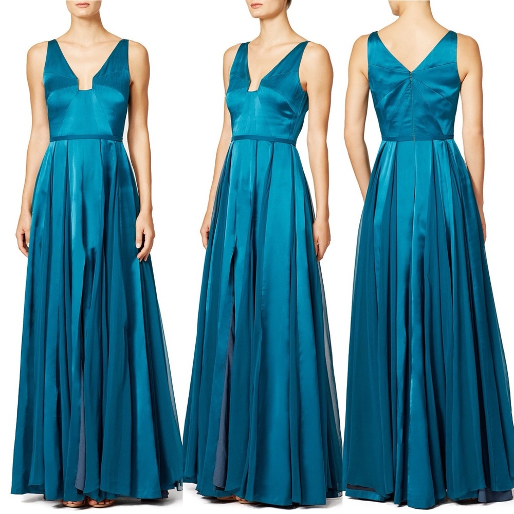 HALSTON Heritage Teal Twirl Satin Gown Dress